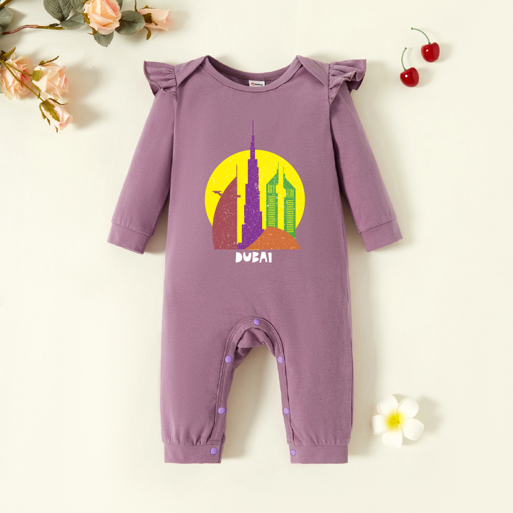 

Baby Girl Graphic Architecture Print Long-sleeve Ruffled Jumpsuit
