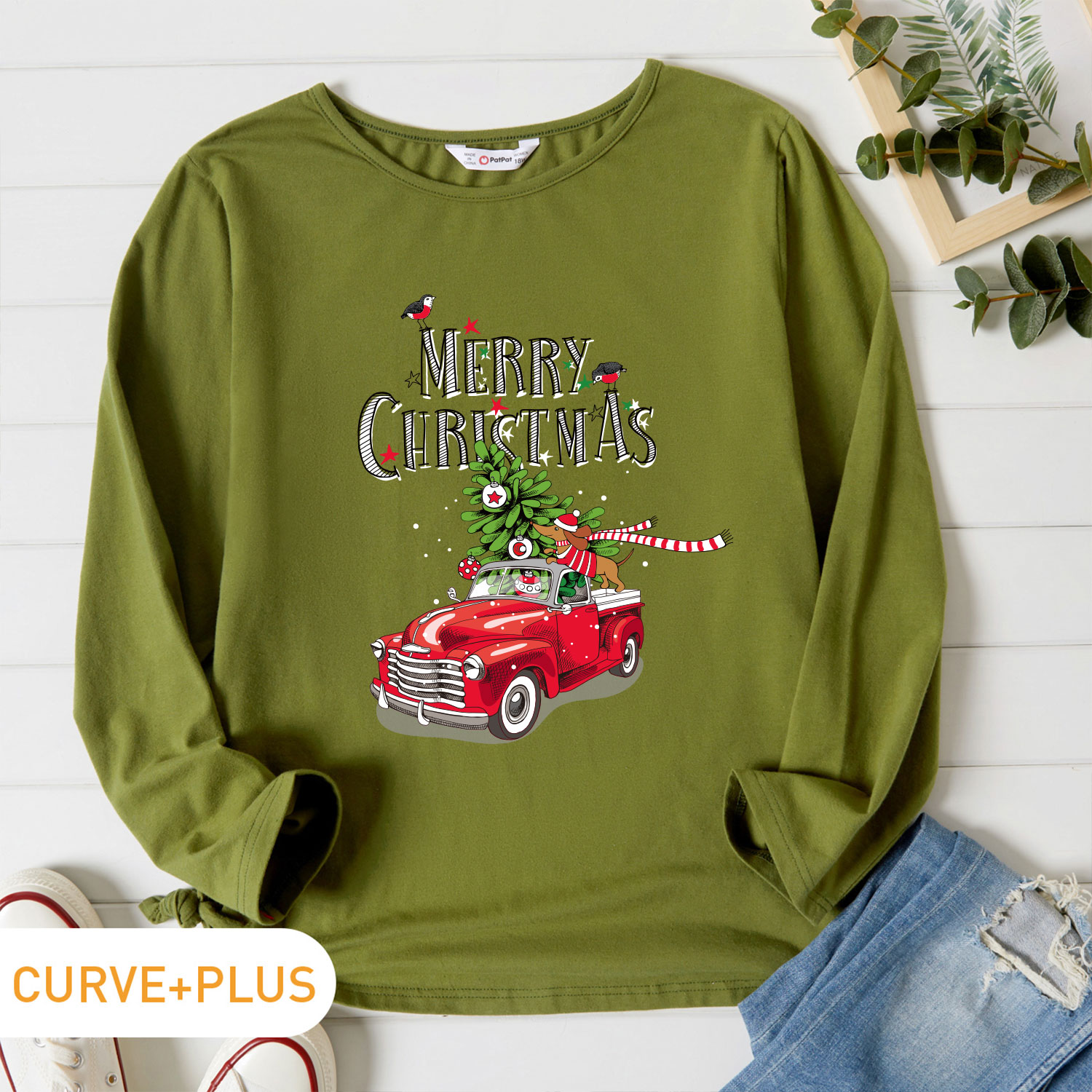 

Christmas Women Plus Size Graphic Christmas Tree and Animal and Car Print Round Neck Long-sleeve Tee