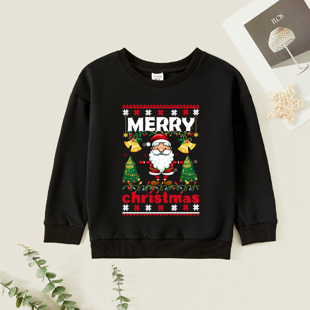 

Christmas Kid Graphic Santa and Christmas Tree and Letter Print Long-sleeve Pullover