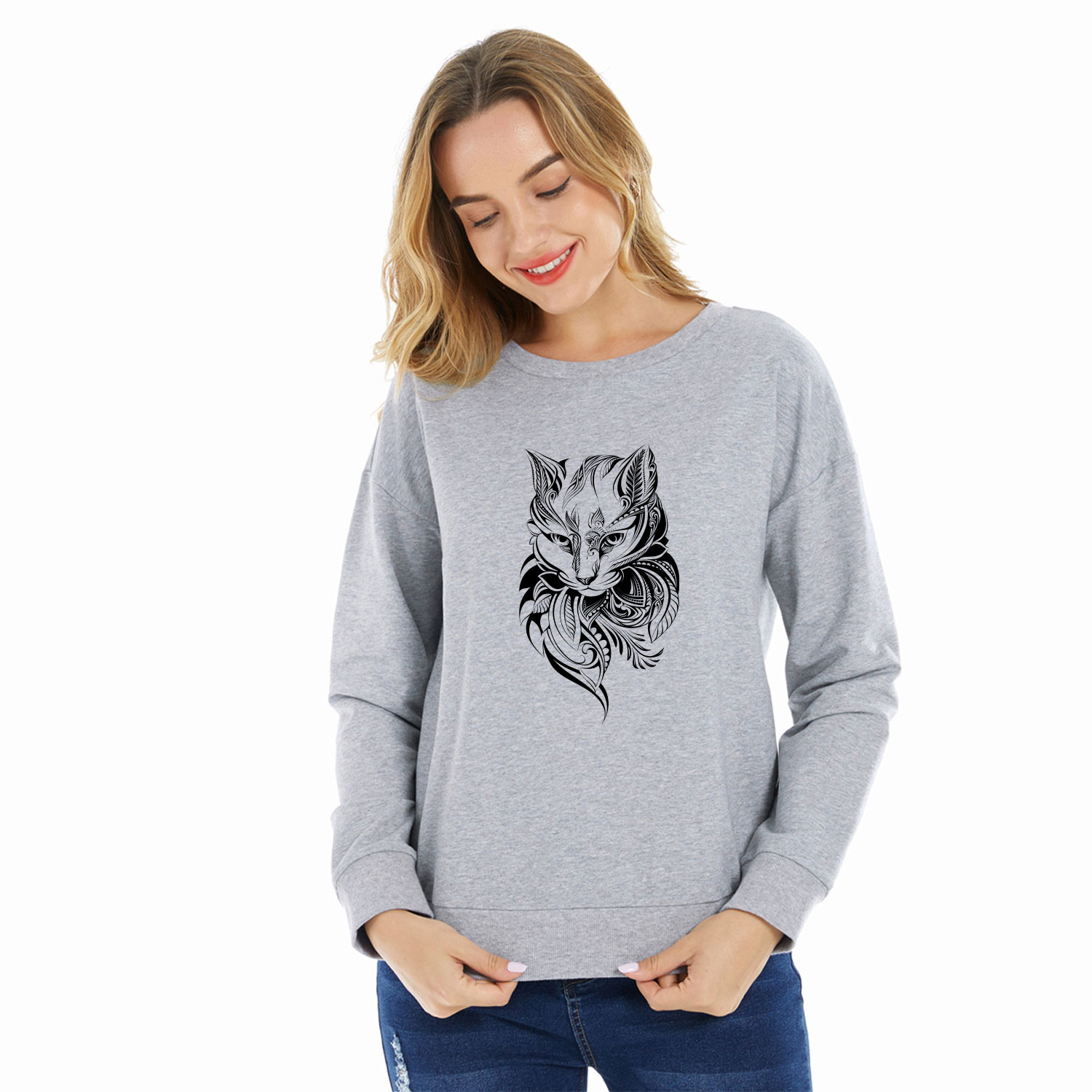 

Women Graphic Cat Print Round-collar Long-sleeve Pullover