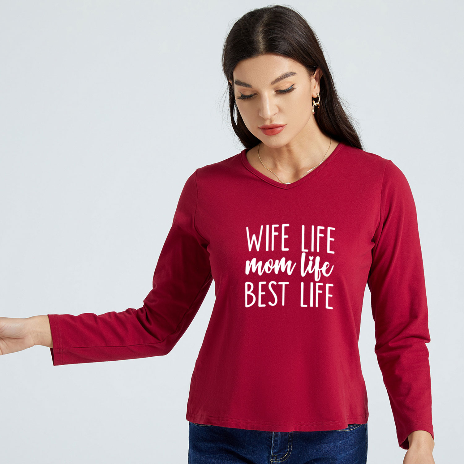 

Women Graphic Letter Print V Neck Long-sleeve Tee