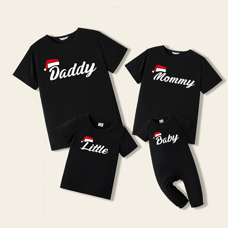 

Christmas Hat and Letter Print 100% Cotton Black Family Matching Short-sleeve T-shirts