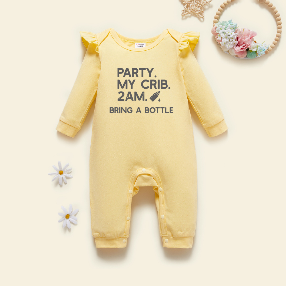 

Baby Girl Graphic Letter and Figure Print Ruffled Long-sleeve Jumpsuit