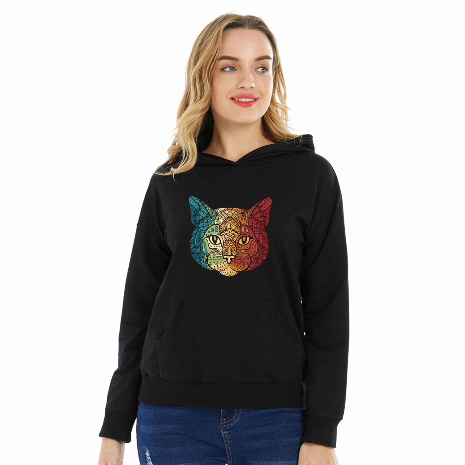 

Women Graphic Cat Print Long-sleeve Hooded Pullover