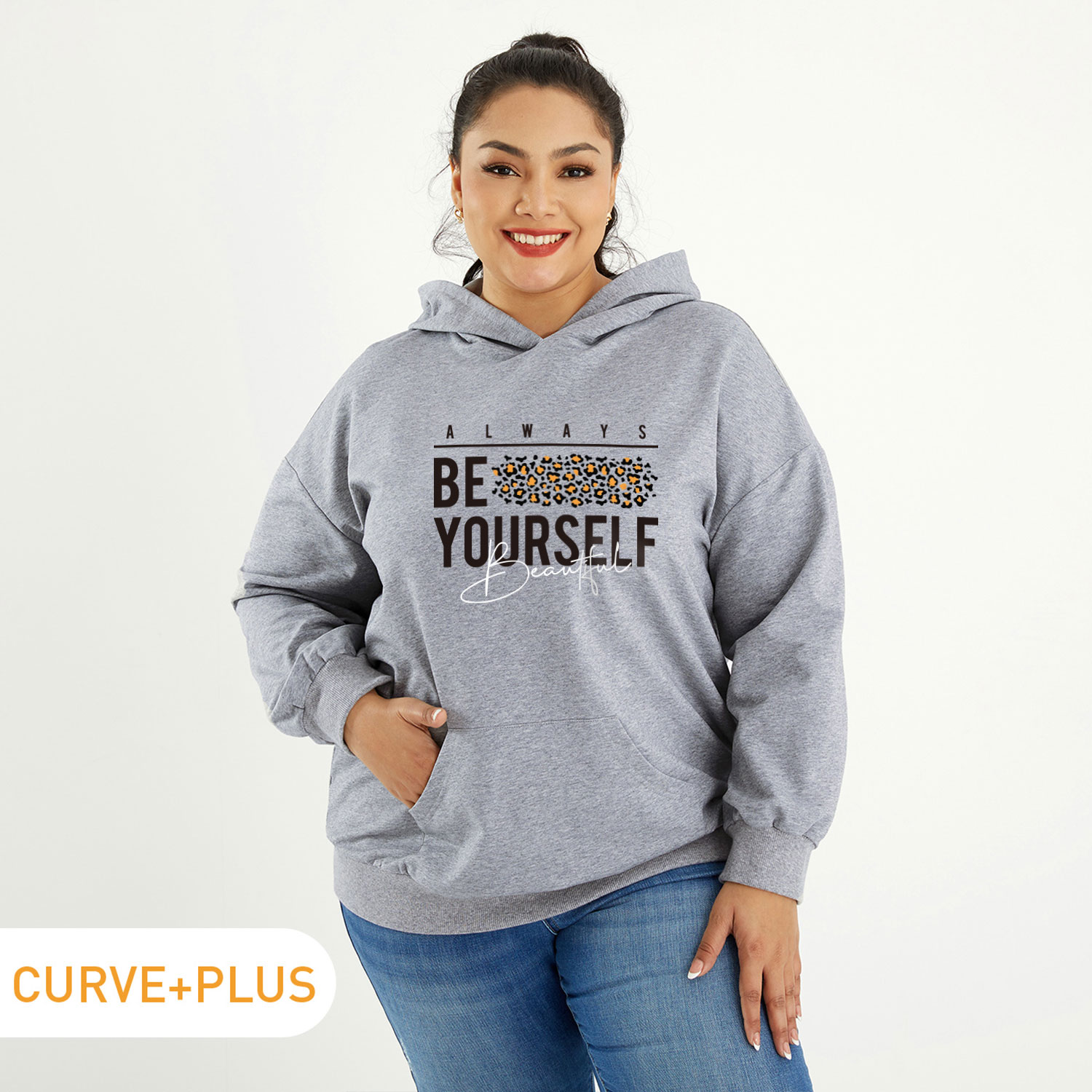 

Women Plus Size Graphic Letter and Leopard Print Long-sleeve Hooded Pullover