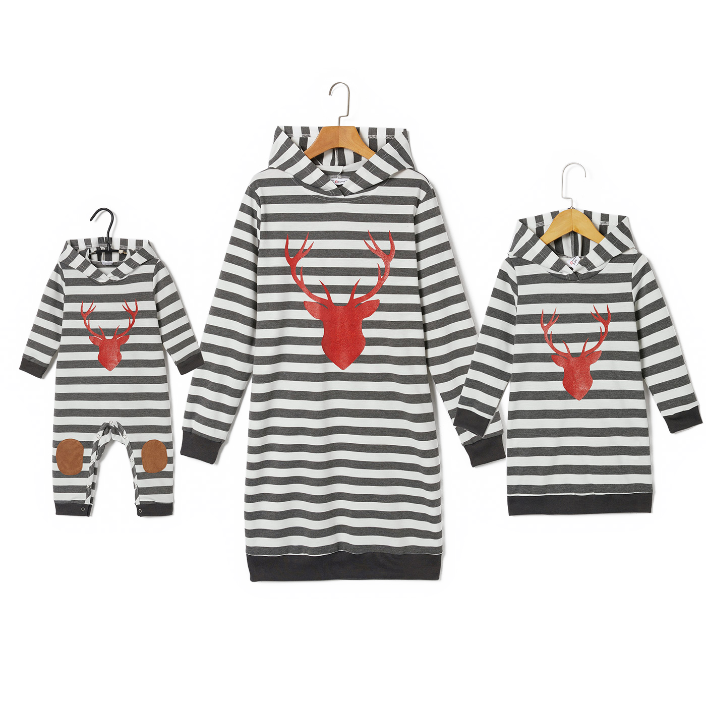 

Christmas Reindeer Print Grey Striped Long-sleeve Hoodie Dress for Mom and Me