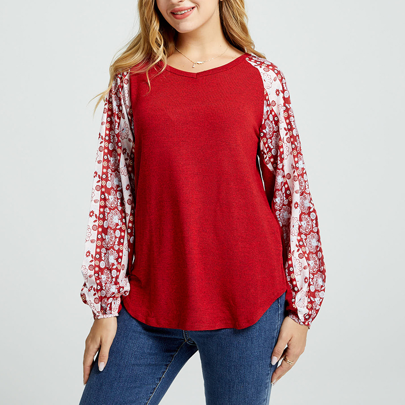 

Trendy Stitched Sleeves V Neck Long-sleeve Top