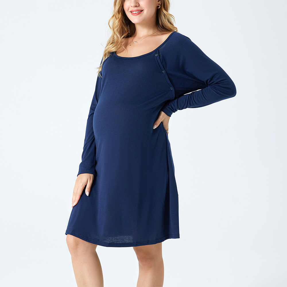 

Nursing Half Button Solid Color Long-sleeve Round Neck Maternity Dress