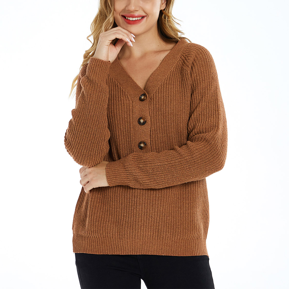 

Brown V Neck Half Button Long-sleeve Rib Knit Sweater