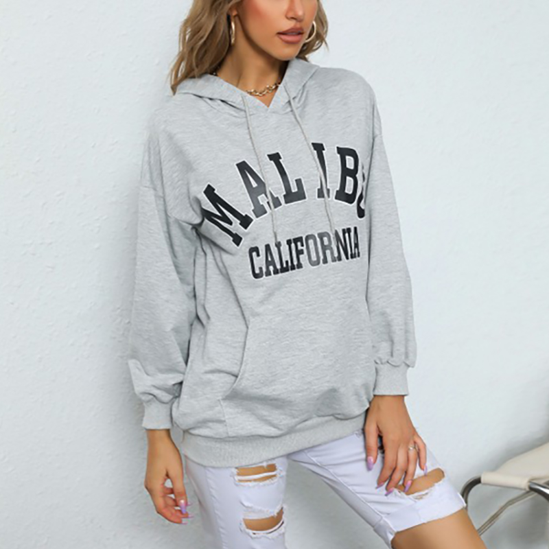 

Letter Print Long-sleeve Kangaroo Pocket Drawstring Hooded Sweatshirt
