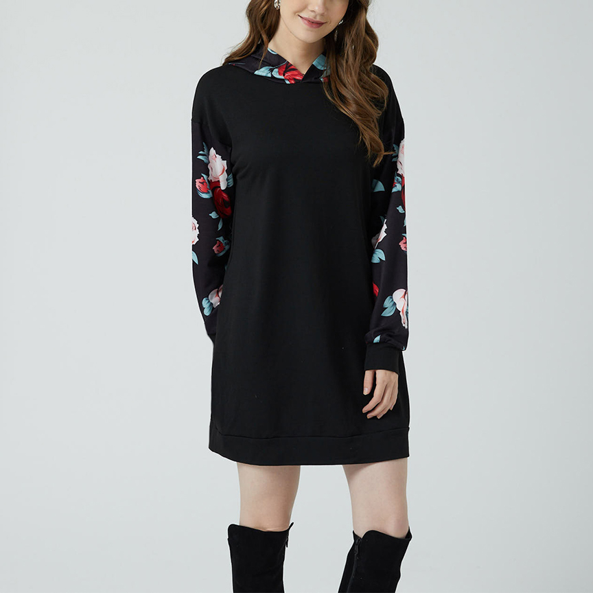 

Contrast Floral Print Long-sleeve Pocket Hooded Sweatshirt