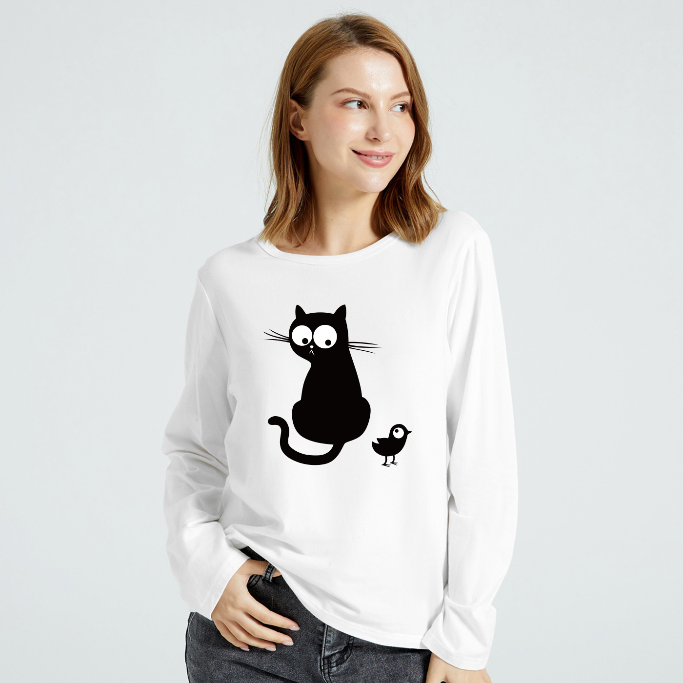 

Women Graphic Cat and Bird Print Round-collar Long-sleeve Tee