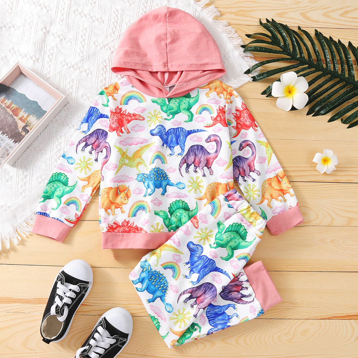 

2-piece Toddler Girl Dinosaur Rainbow Print Hoodie Sweatshirt and Pants Set