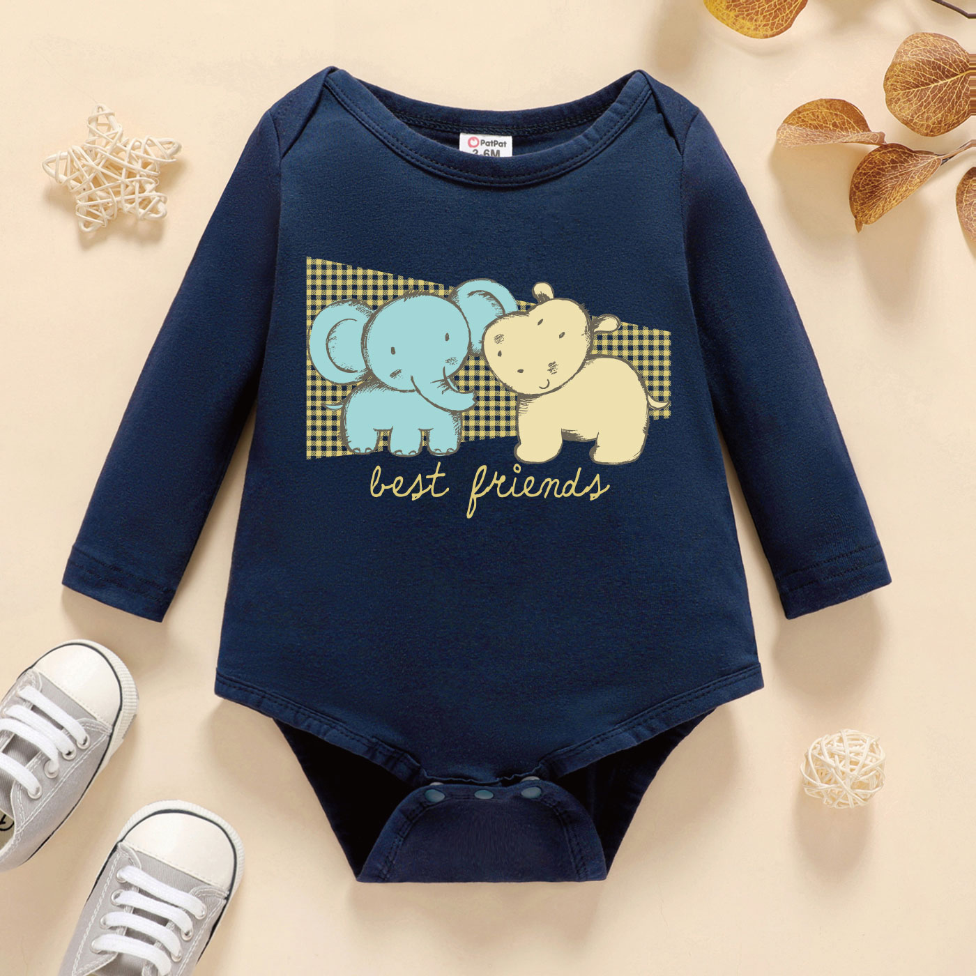 

Baby Graphic Elephant and Hippopotamus and Letter Print Long-sleeve Romper