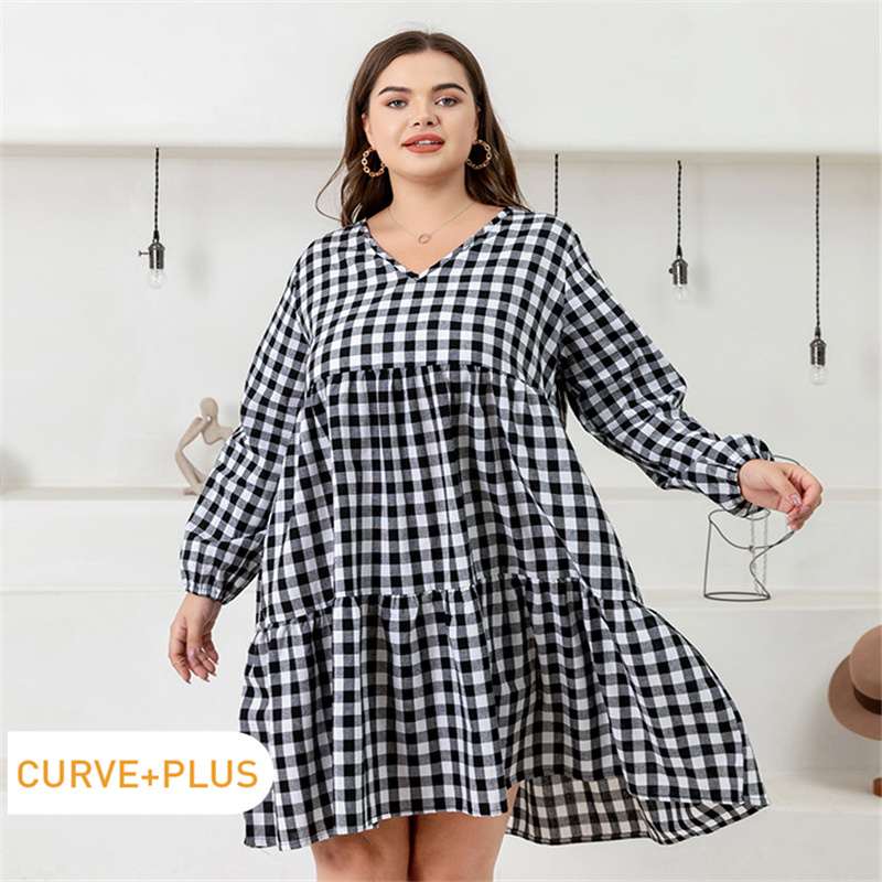 

Women Plus Size Elegant V Neck Plaid Tiered Dress