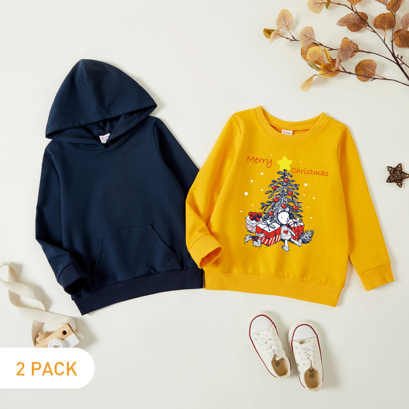 

Christmas 2-Pack Toddler Graphic Christmas Tree and Gift and Letter Print Long-sleeve Pullover & Hooded Pullover Set