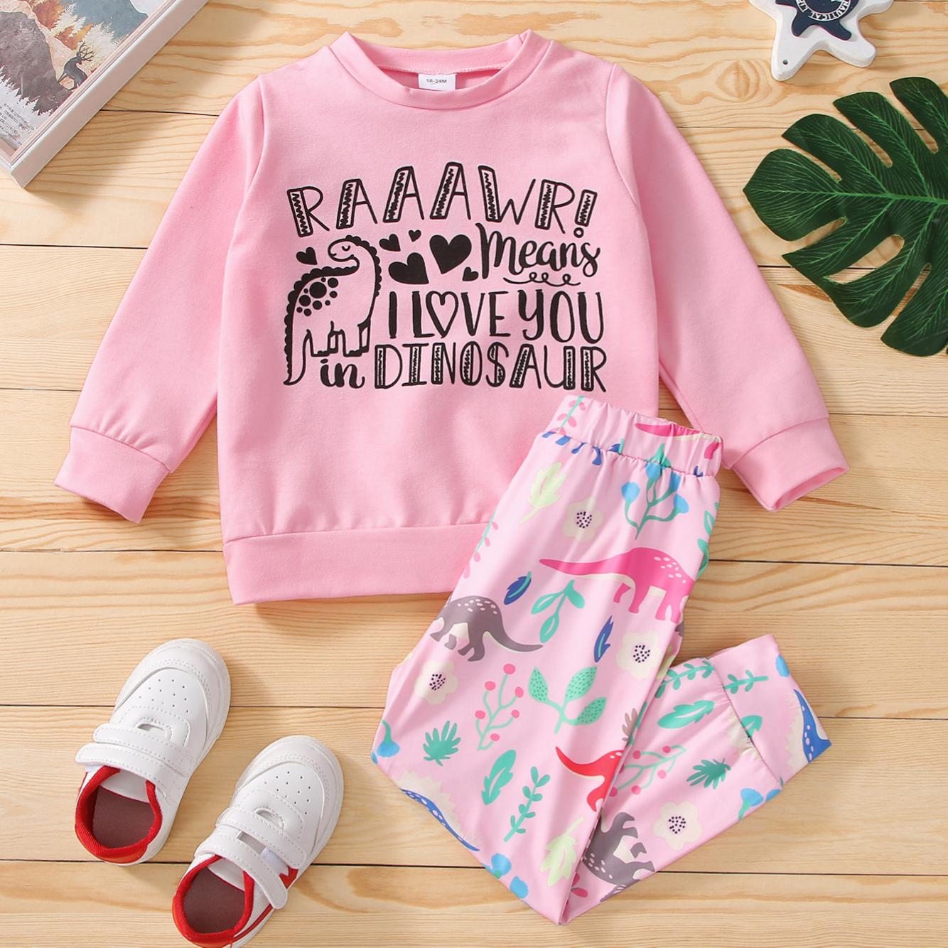 

2-piece Toddler Girl Letter Dinosaur Print Pullover Sweatshirt and Pants Set