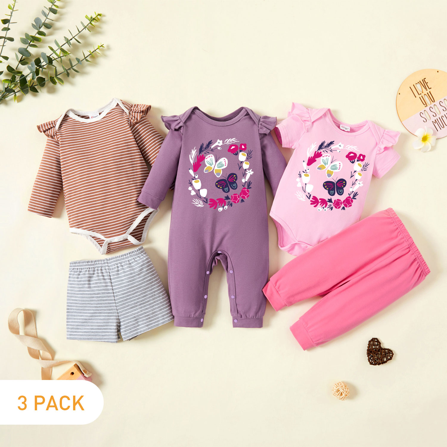 

5-Pack Baby Girl Graphic Butterfly and Floral Print Striped Ruffled Romper Jumpsuit Pants Set