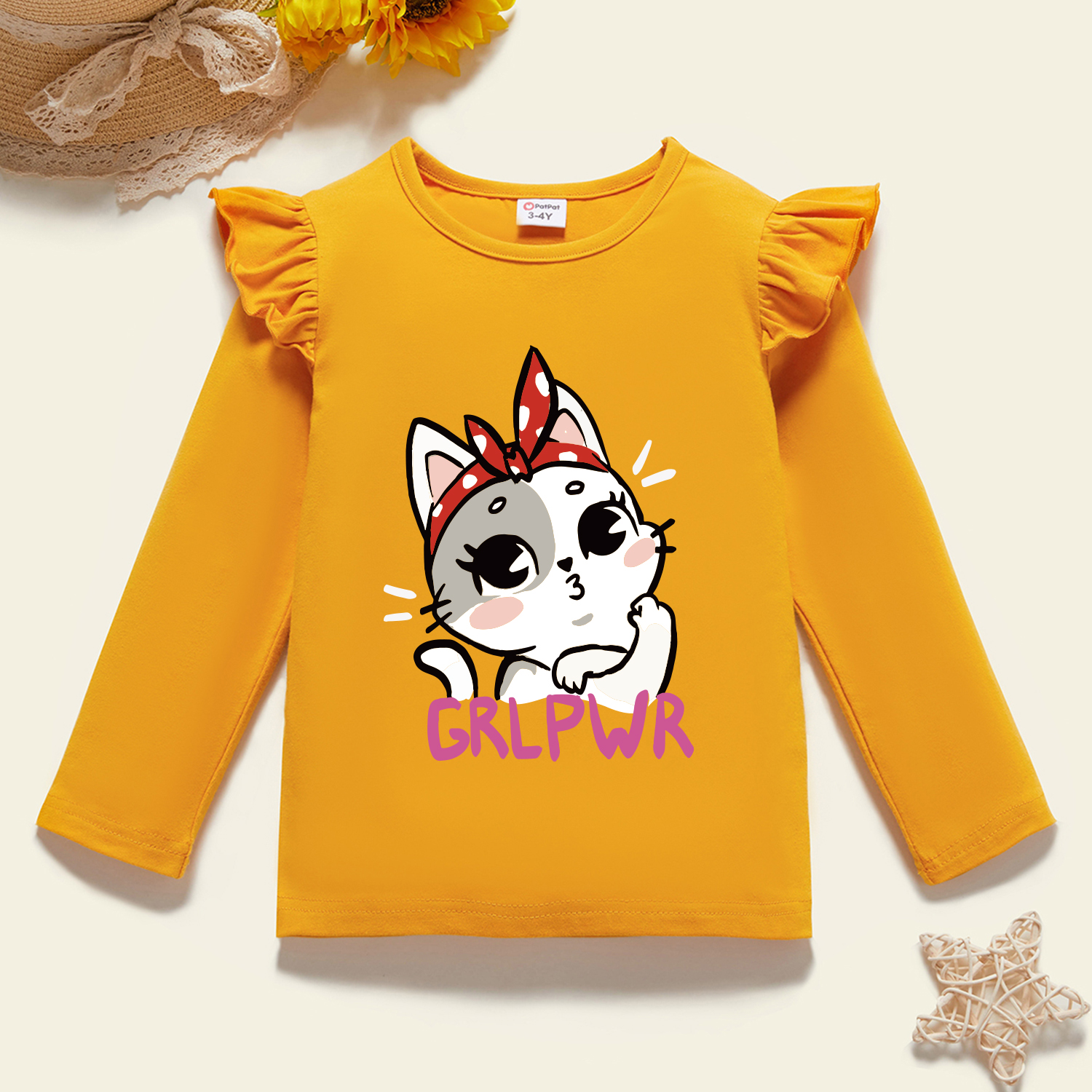 

Toddler Girl Graphic Cat and Letter Print Ruffled Long-sleeve Tee