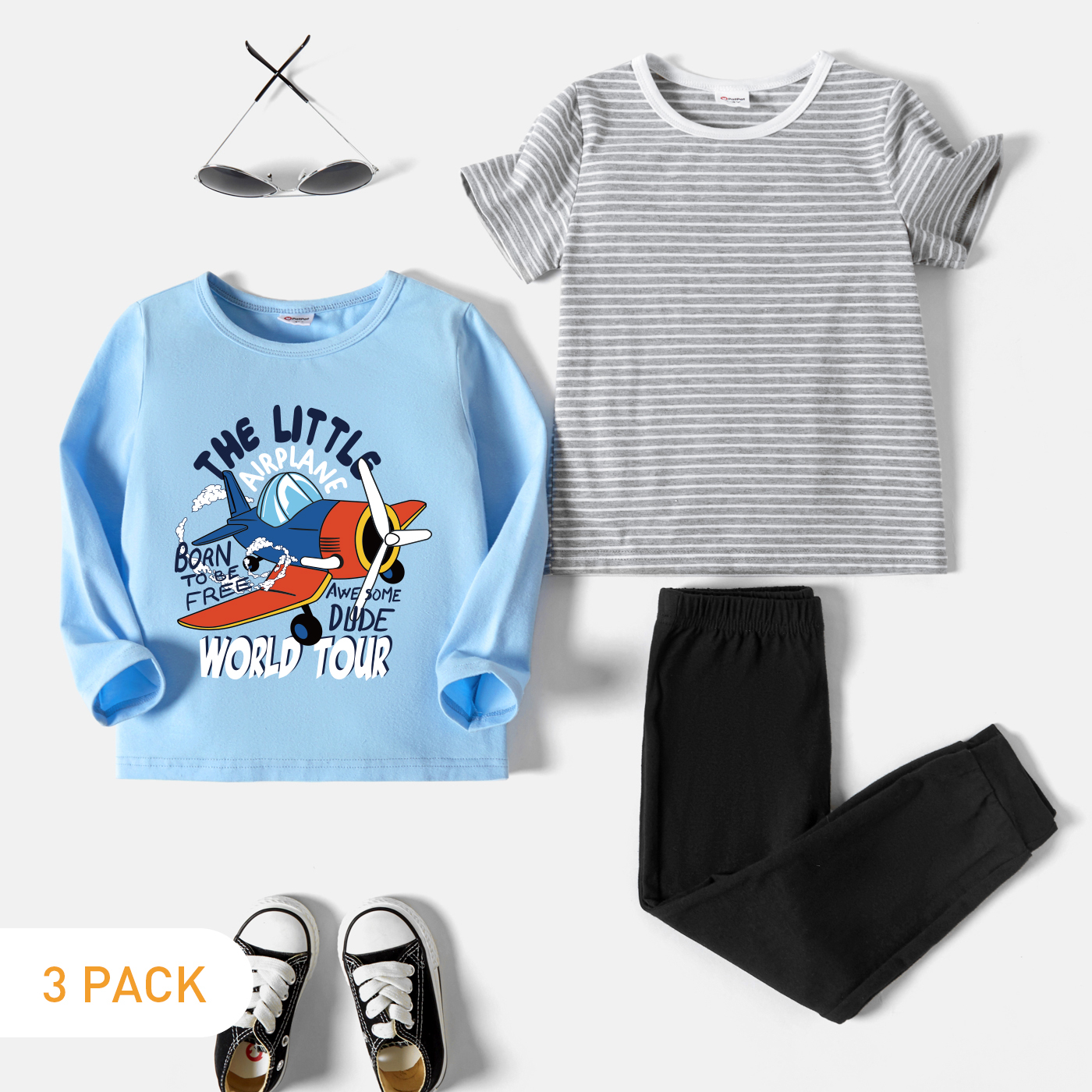 

3-Pack Toddler Boy Graphic Plane and Letter Print Long-sleeve Tee & Striped Short-sleeve Tee & Pants Set