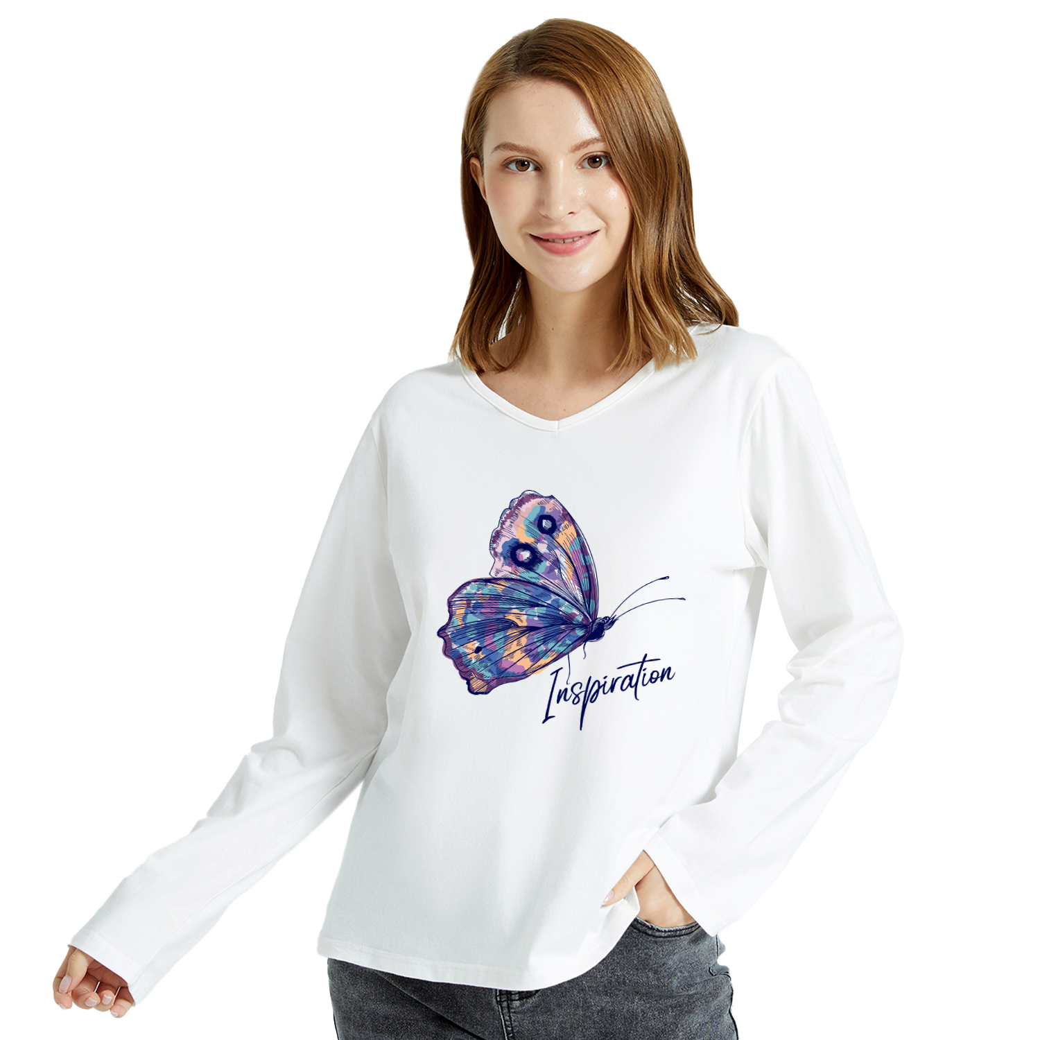 

Women Graphic Butterfly and Letter Print V Neck Long-sleeve Tee