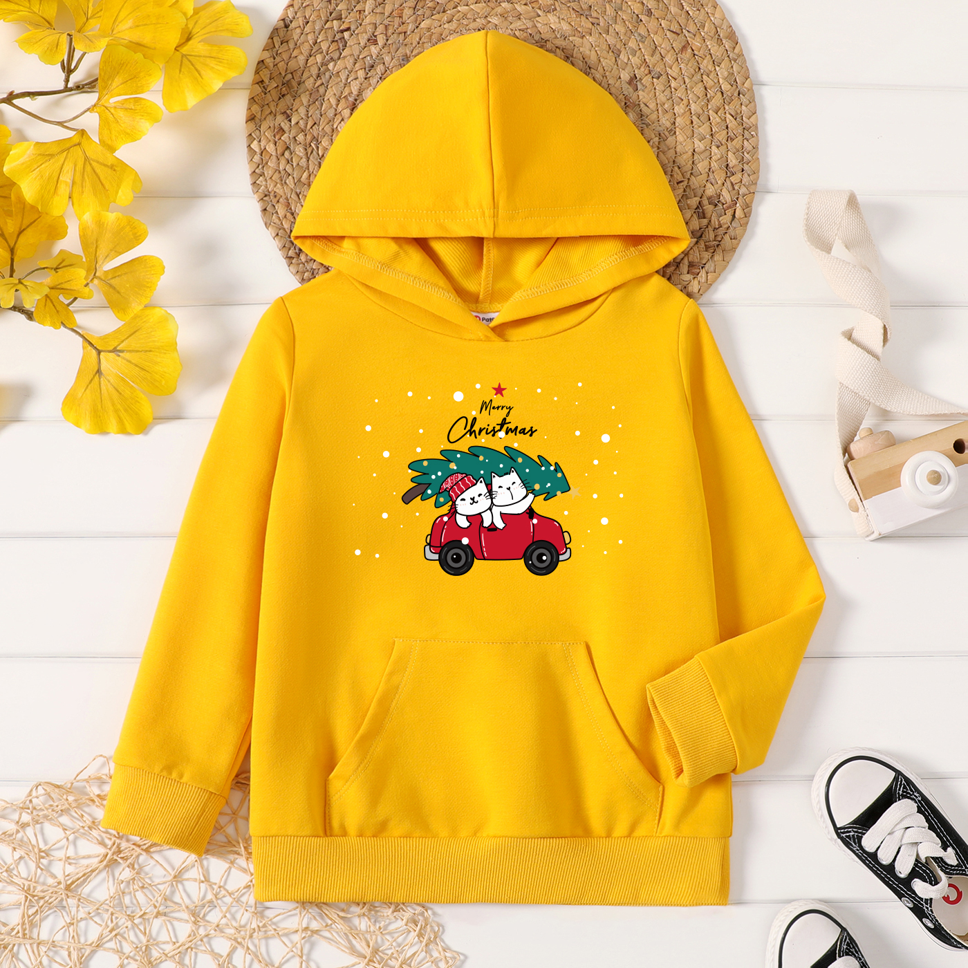 

Christmas Toddler Girl Graphic Cat Print Long-sleeve Hooded Pullover