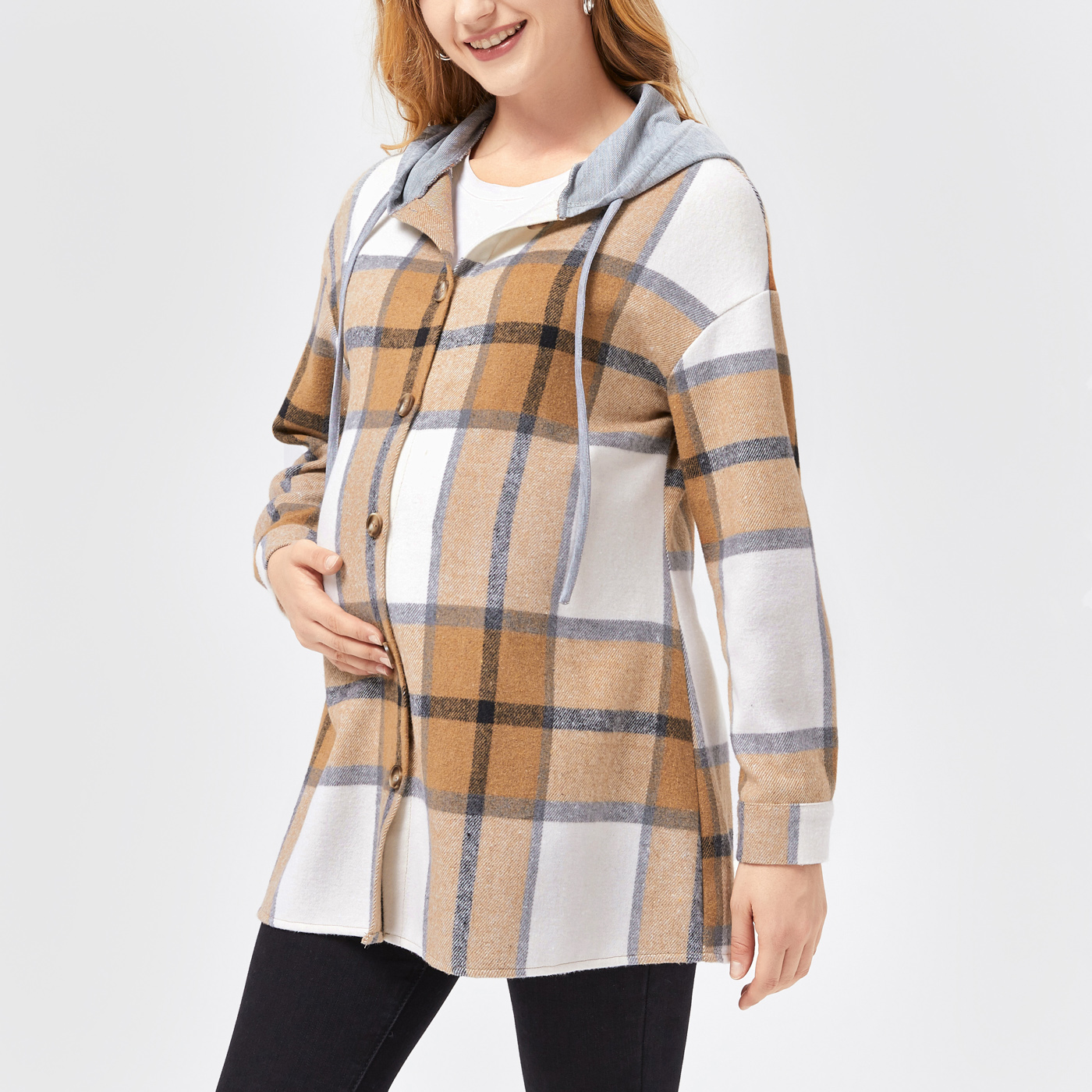 

Maternity Plaid Print Button Up Drawstring Hooded Coat
