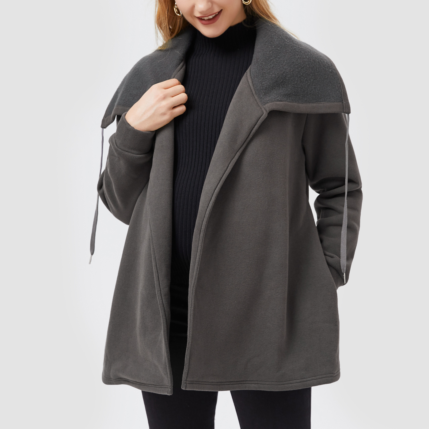 

Maternity Pure Color Snap Long-sleeve Drawstring Coat