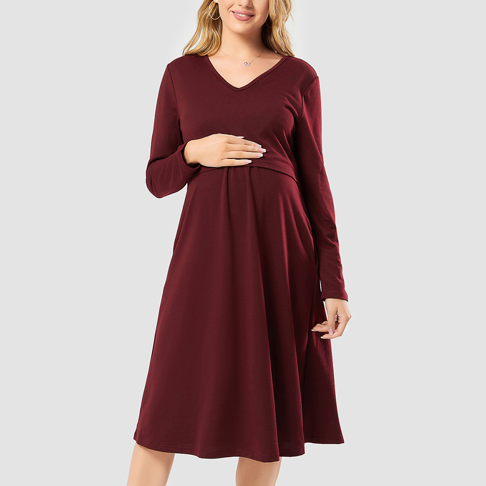 

Nursing Casual Pure Color Minimalist Long-sleeve Dress