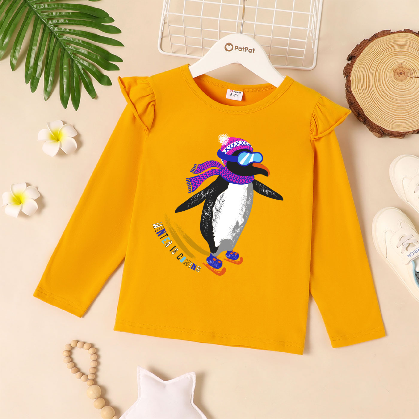 

Kids Girl Graphic Penguin Print Long-sleeve Ruffled Tee