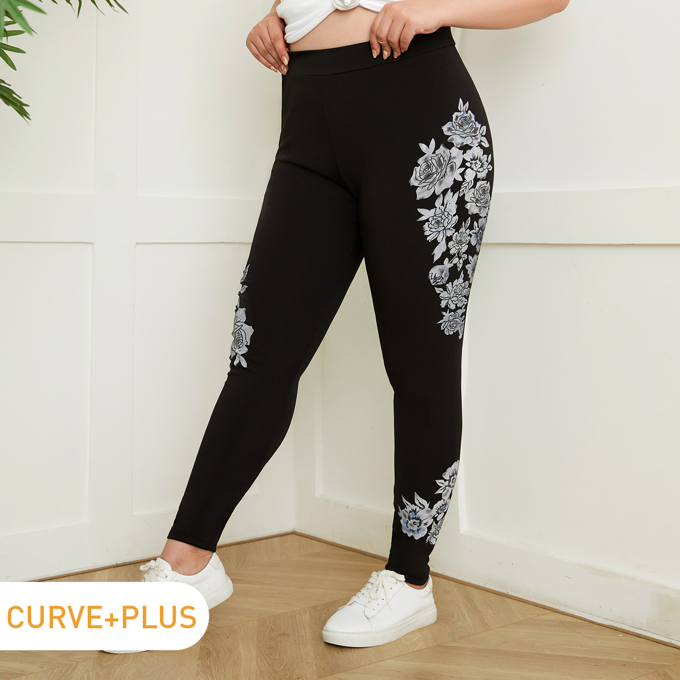 

Women Plus Size Elegant Floral Print Black Leggings