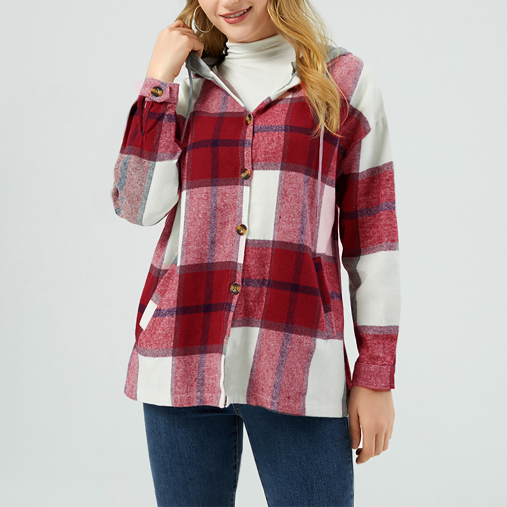 

Plaid Print Drawstring Button Up Hooded Coat