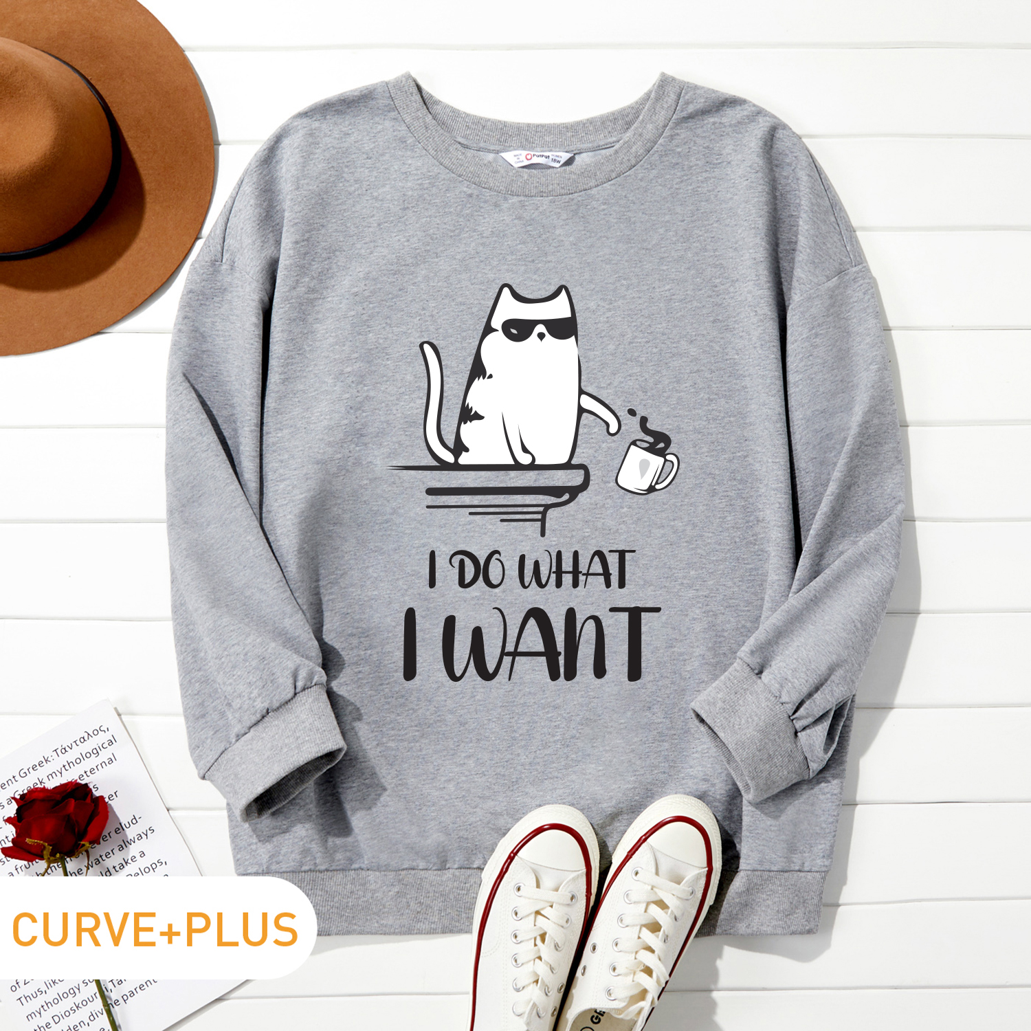 

Women Plus Size Graphic Cat and Letter Print Round Neck Long-sleeve Pullover
