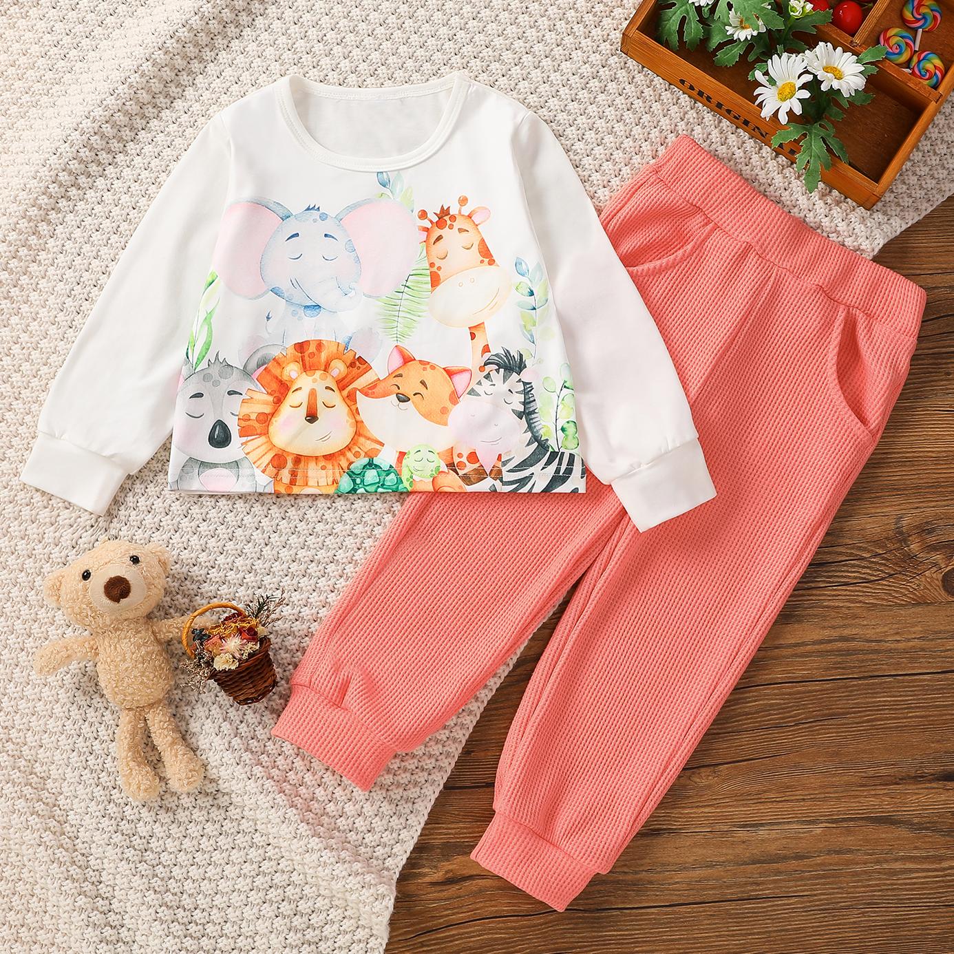 

2-piece Toddler Girl Animal Print Long-sleeve Top and Waffle Pants Set