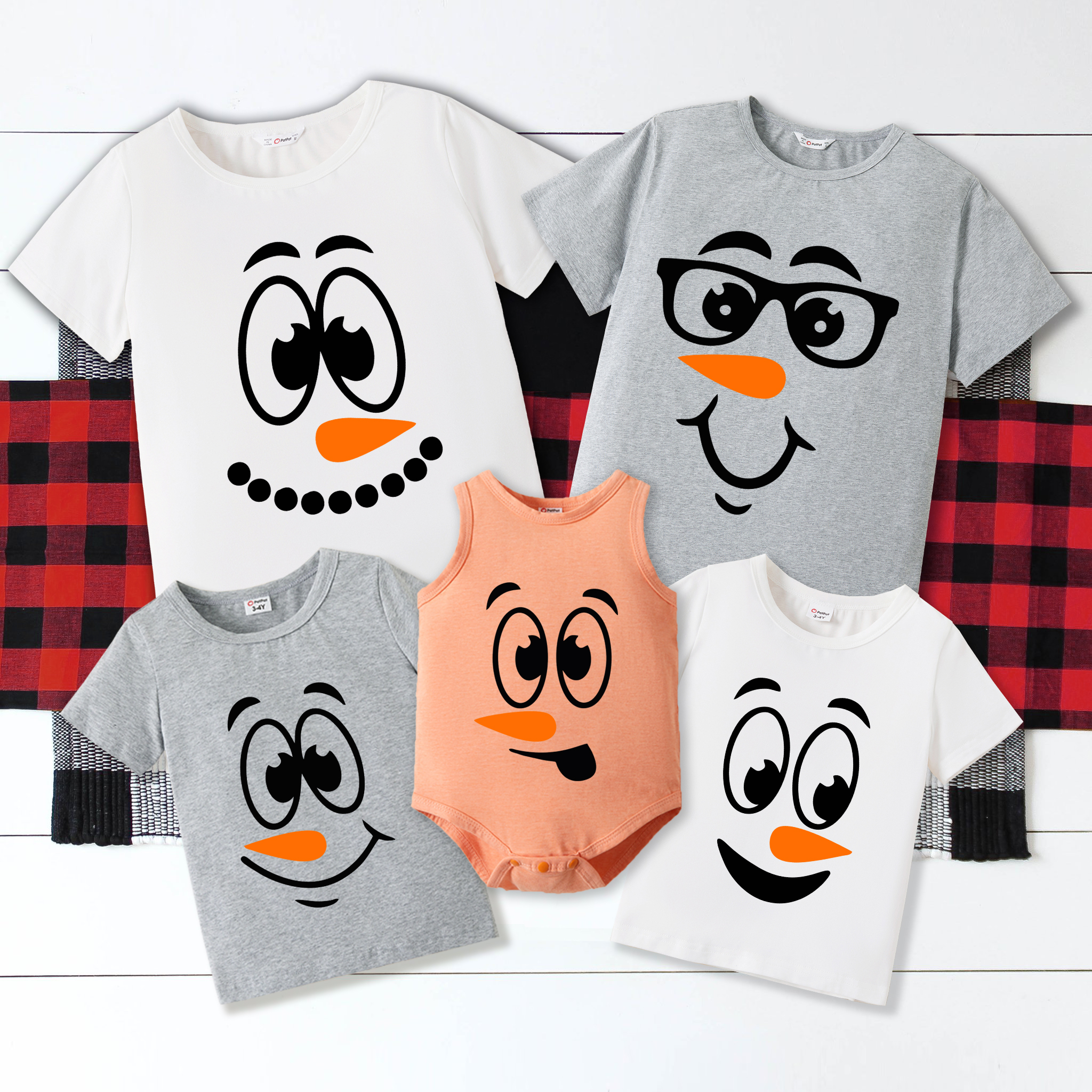 

Christmas Cartoon Snowman Face Print 100% Cotton Family Matching Short-sleeve T-shirts