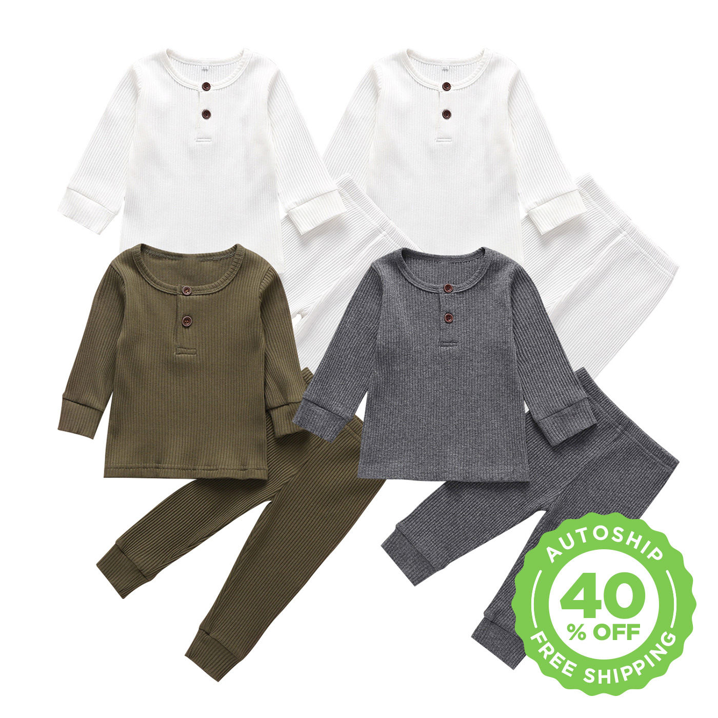 

4 Sets Baby Boy Solid Ribbed Casual Long-sleeve Button Top and Trousers