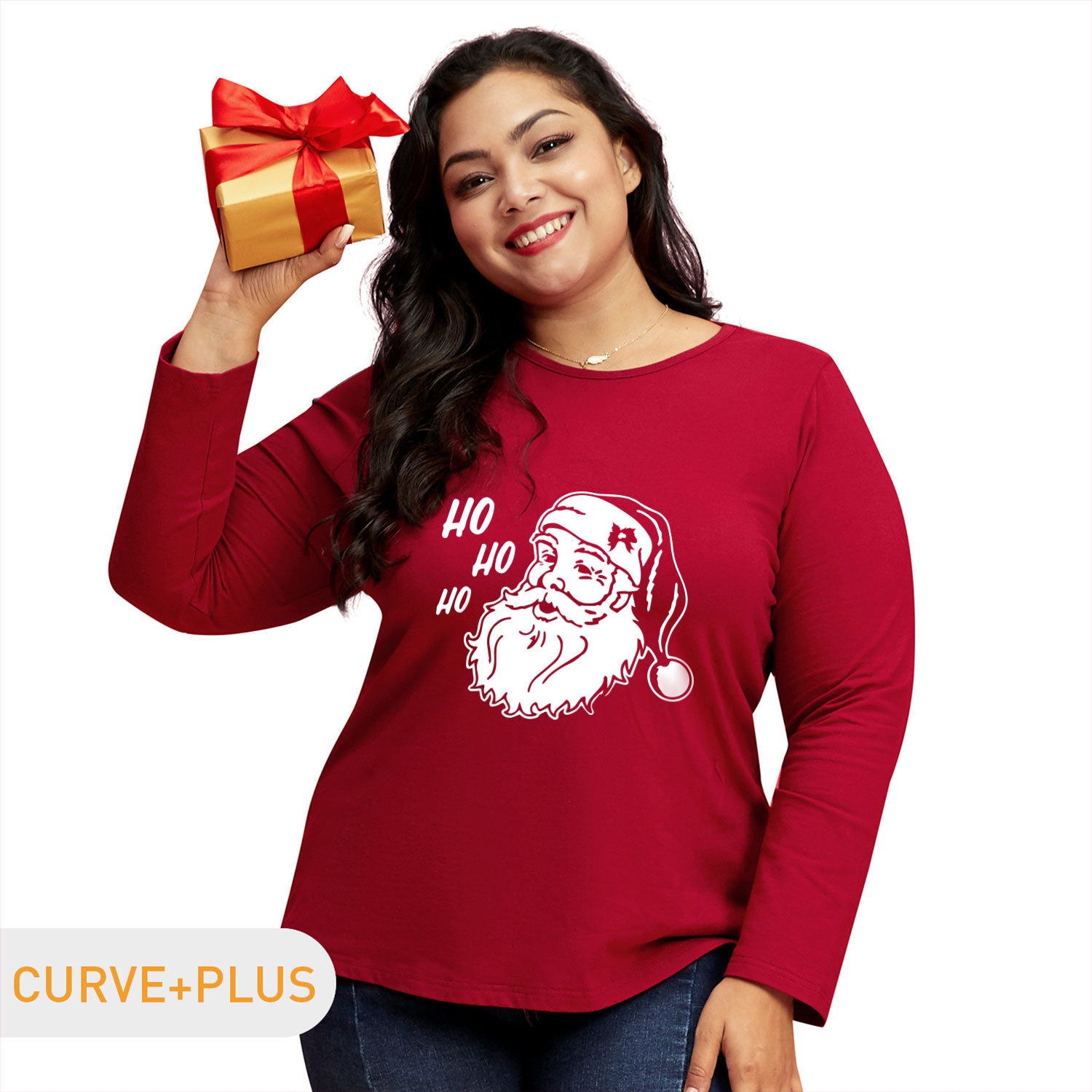 

Christmas Women Plus Size Graphic Santa and Letter Print Round Neck Long-sleeve Tee