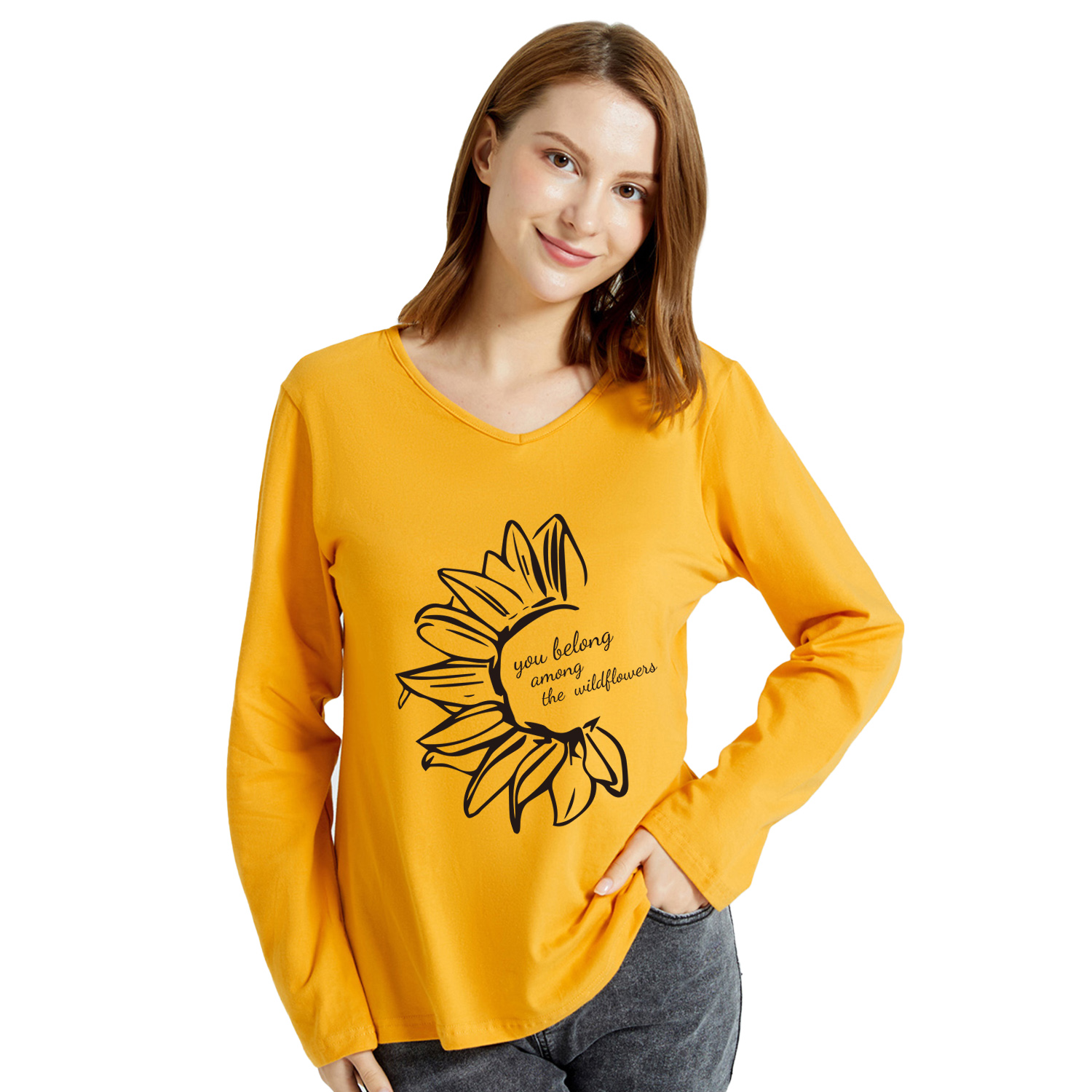 

Women Graphic Letter and Sunflower Print V Neck Long-sleeve Tee