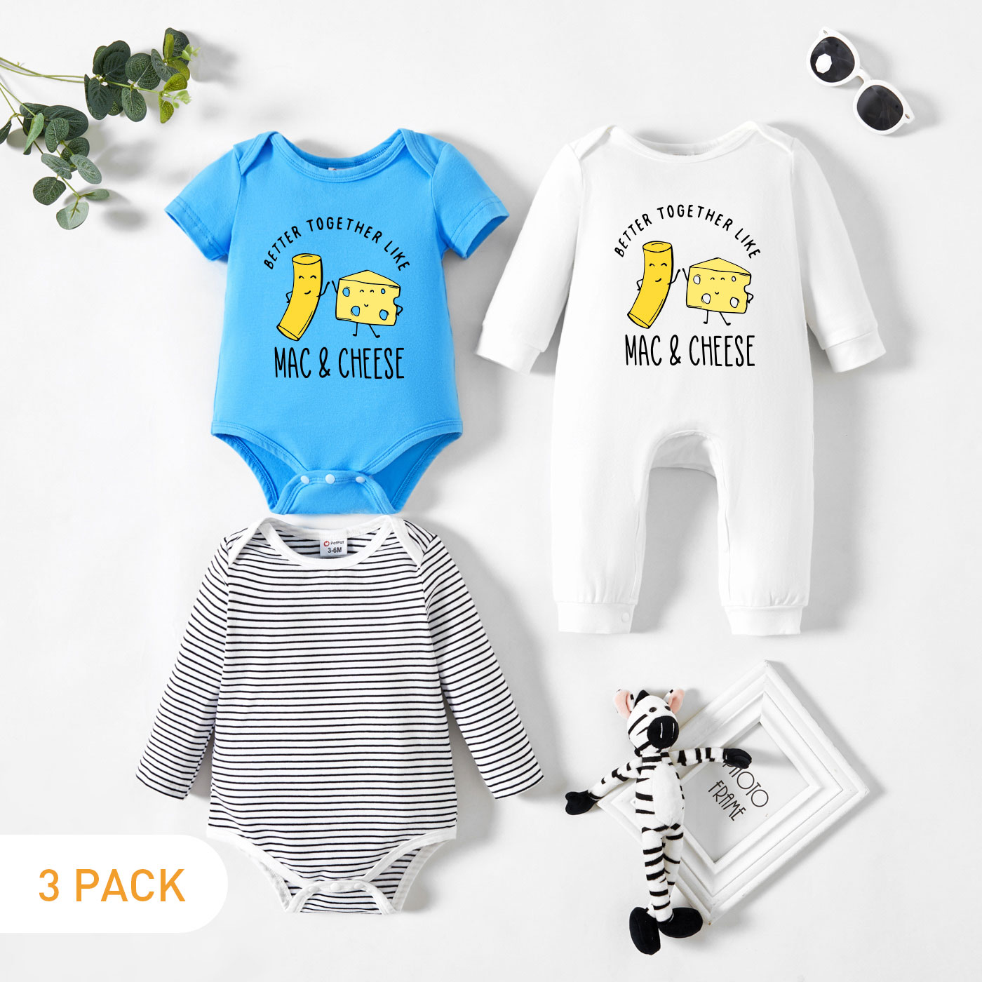 

3-Pack Baby Graphic Cheese and Letter Print Striped Romper Jumpsuit Set