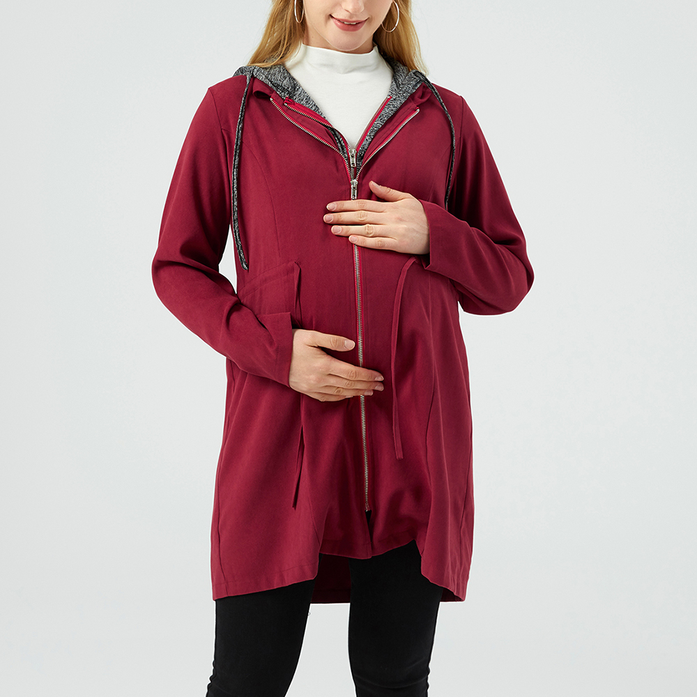 

Maternity Drawstring Waist Long-sleeve Hooded Coat