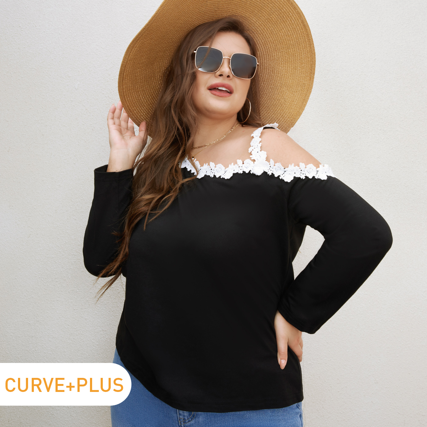 

Women Plus Size Elegant Lace Design One Shoulder Strap Long-sleeve Tee