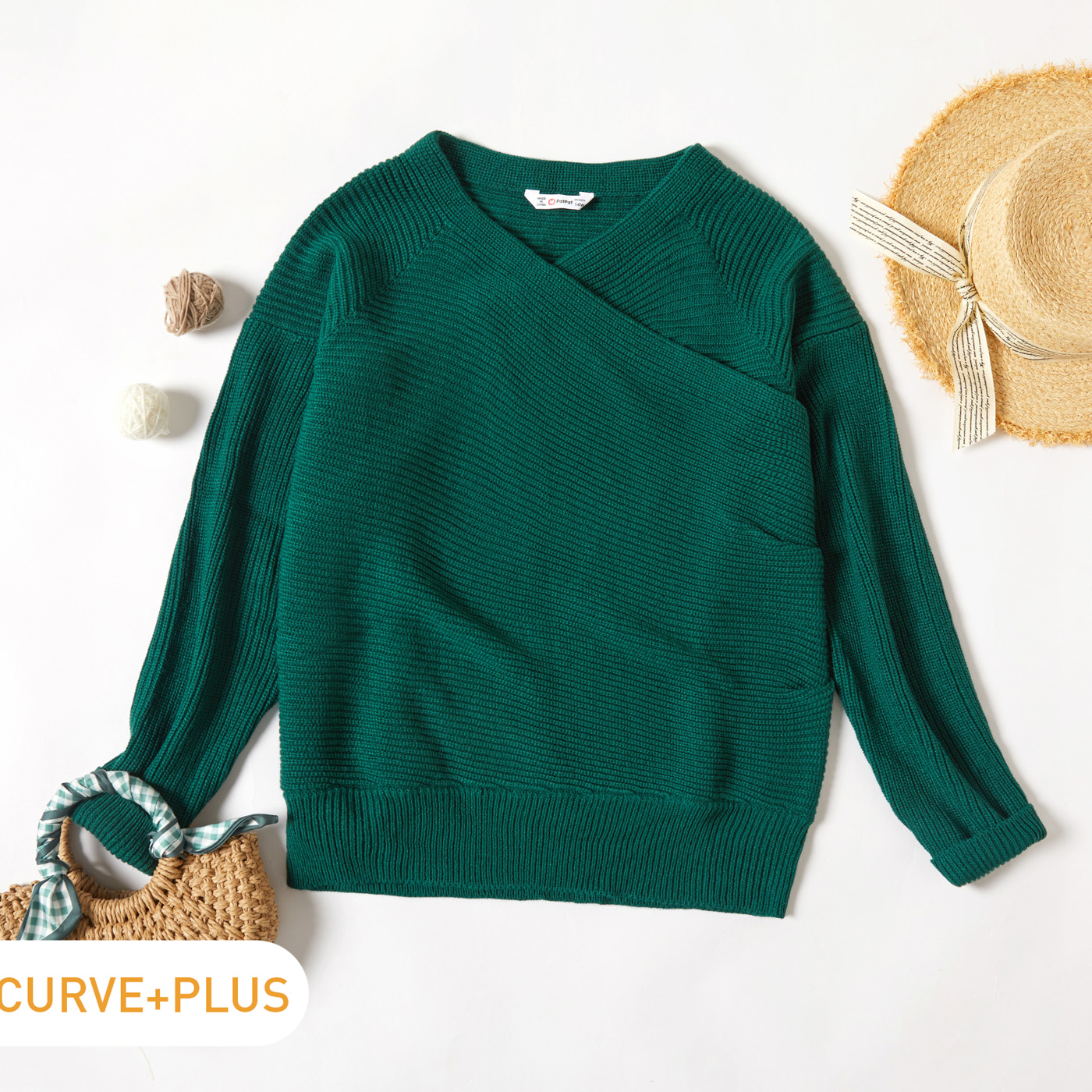 

Women Plus Size Elegant Surplice Neck Green Knit Sweater