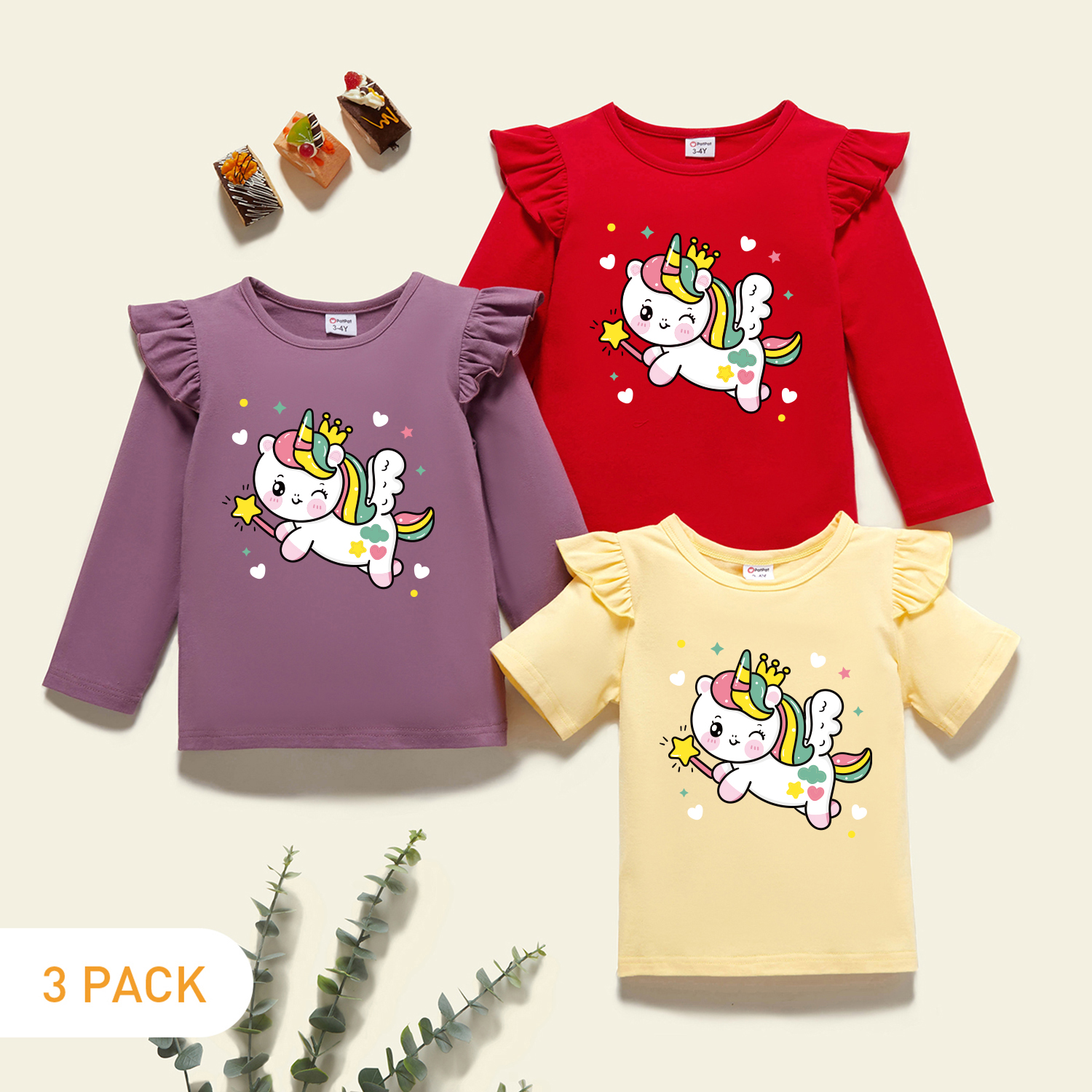 

3-Pack Toddler Girl Graphic Unicorn Print Ruffled Tee Set