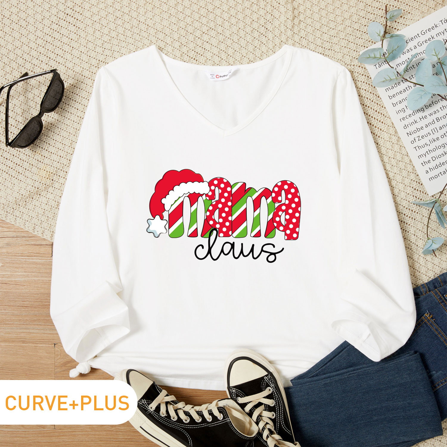 

Christmas Women Plus Size Graphic Letter Print V Neck Long-sleeve Tee