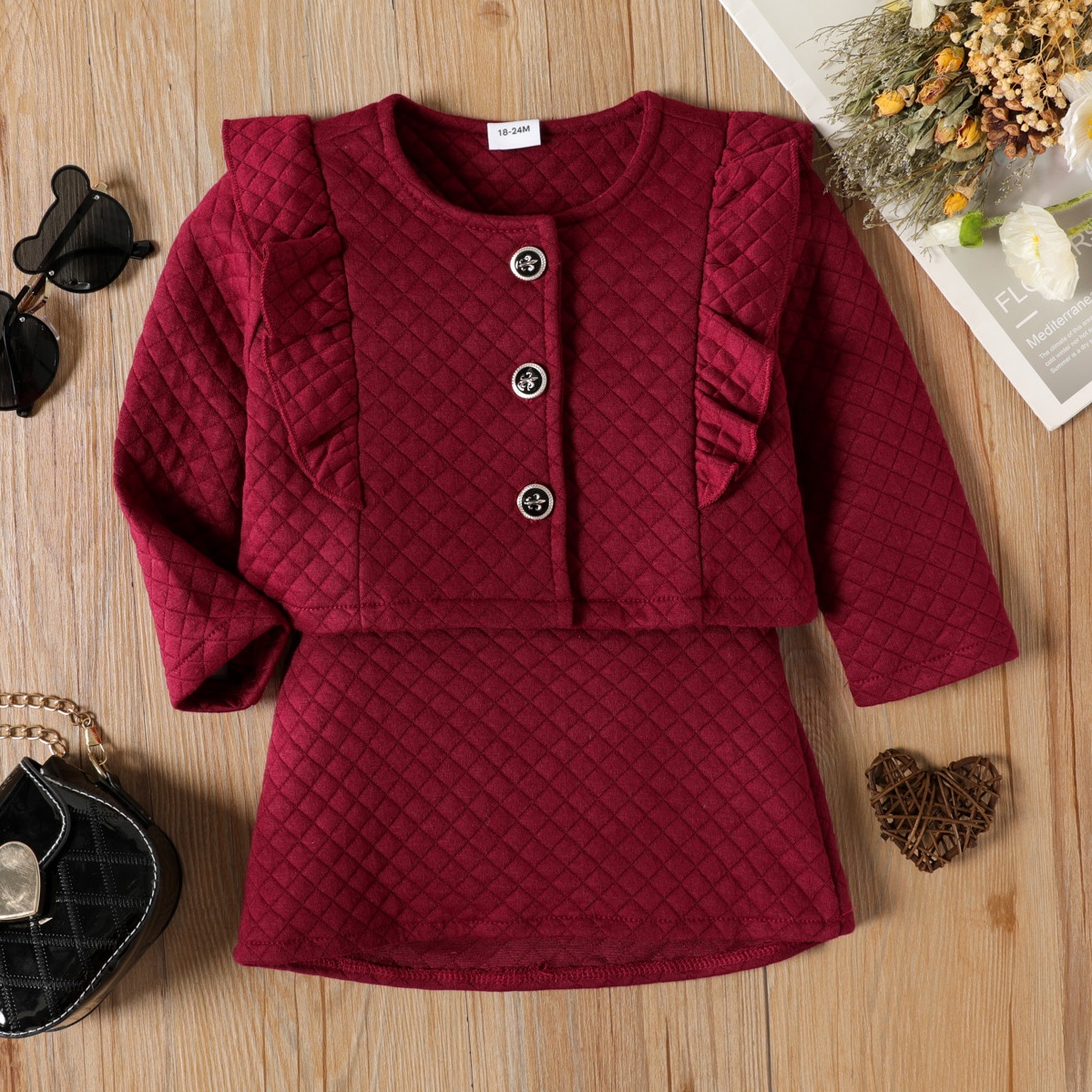 

2-piece Toddler Girl Ruffled Textured Button Design Top and Red Skirt Set