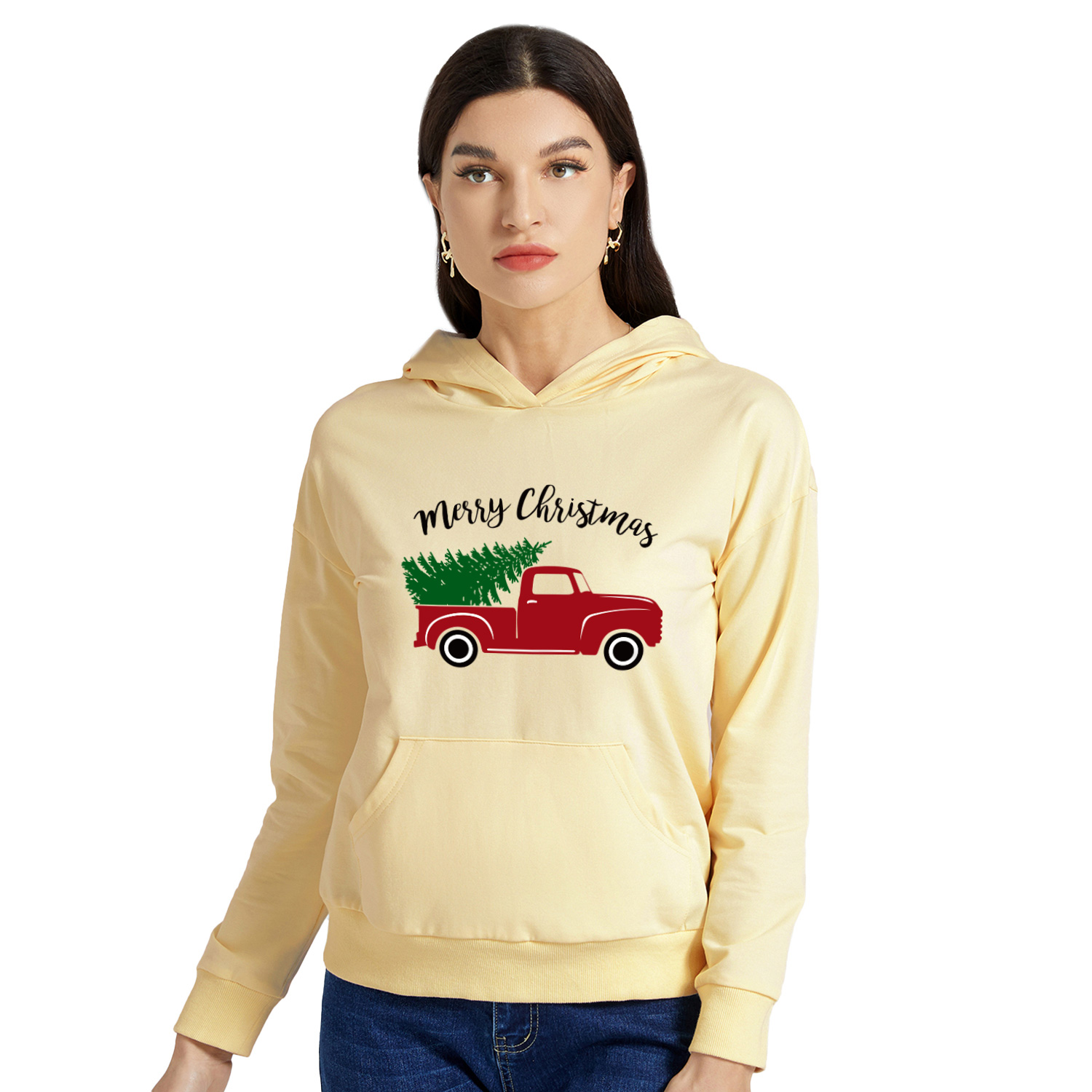 

Christmas Women Graphic Letter and Christmas Tree and Letter Print Long-sleeve Hooded Pullover
