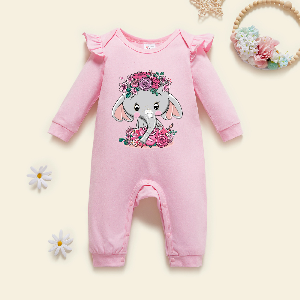 

Baby Girl Graphic Floral and Elephant Print Ruffled Long-sleeve Jumpsuit