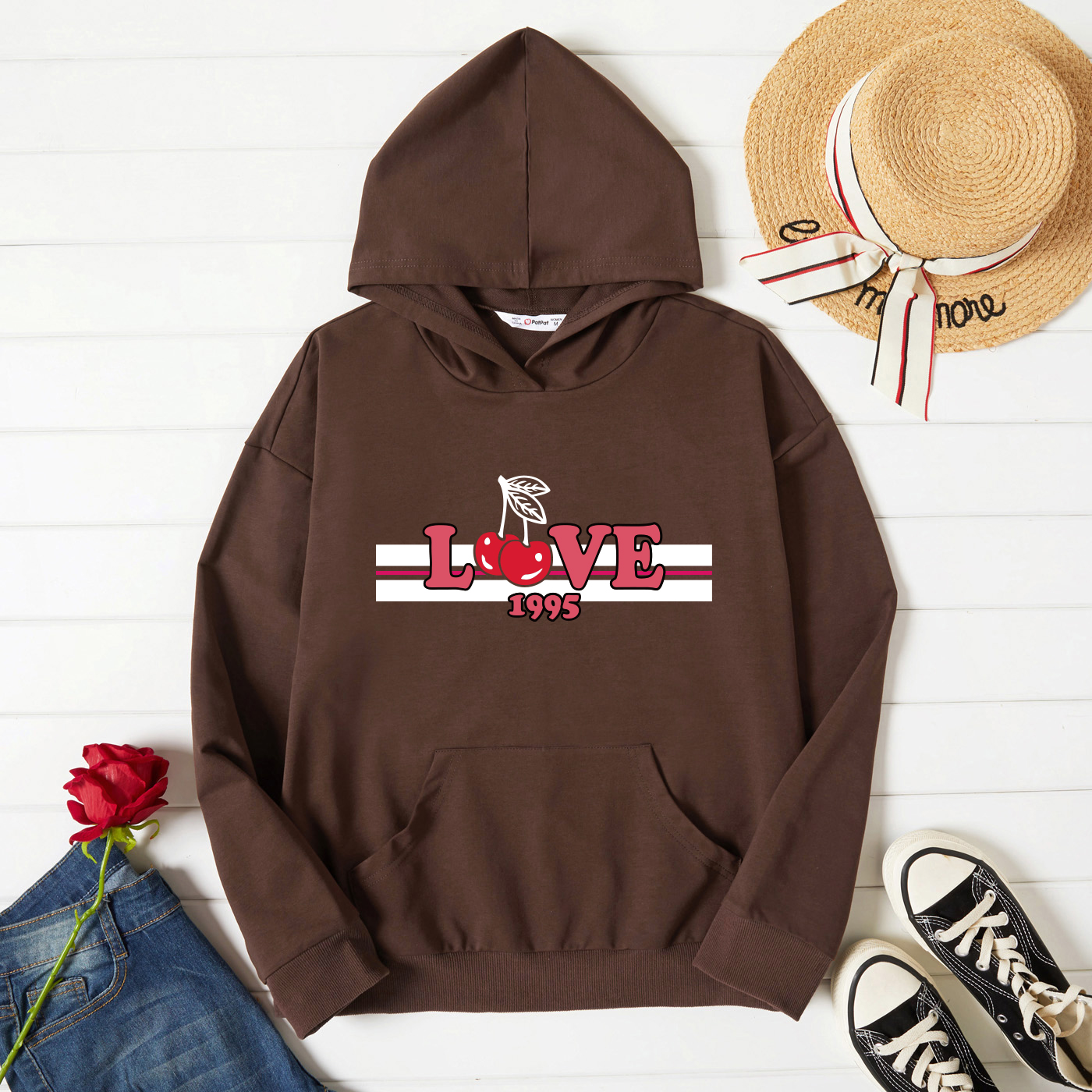 

Women Graphic Cherry and Figure and Letter Print Long-sleeve Hooded Pullover