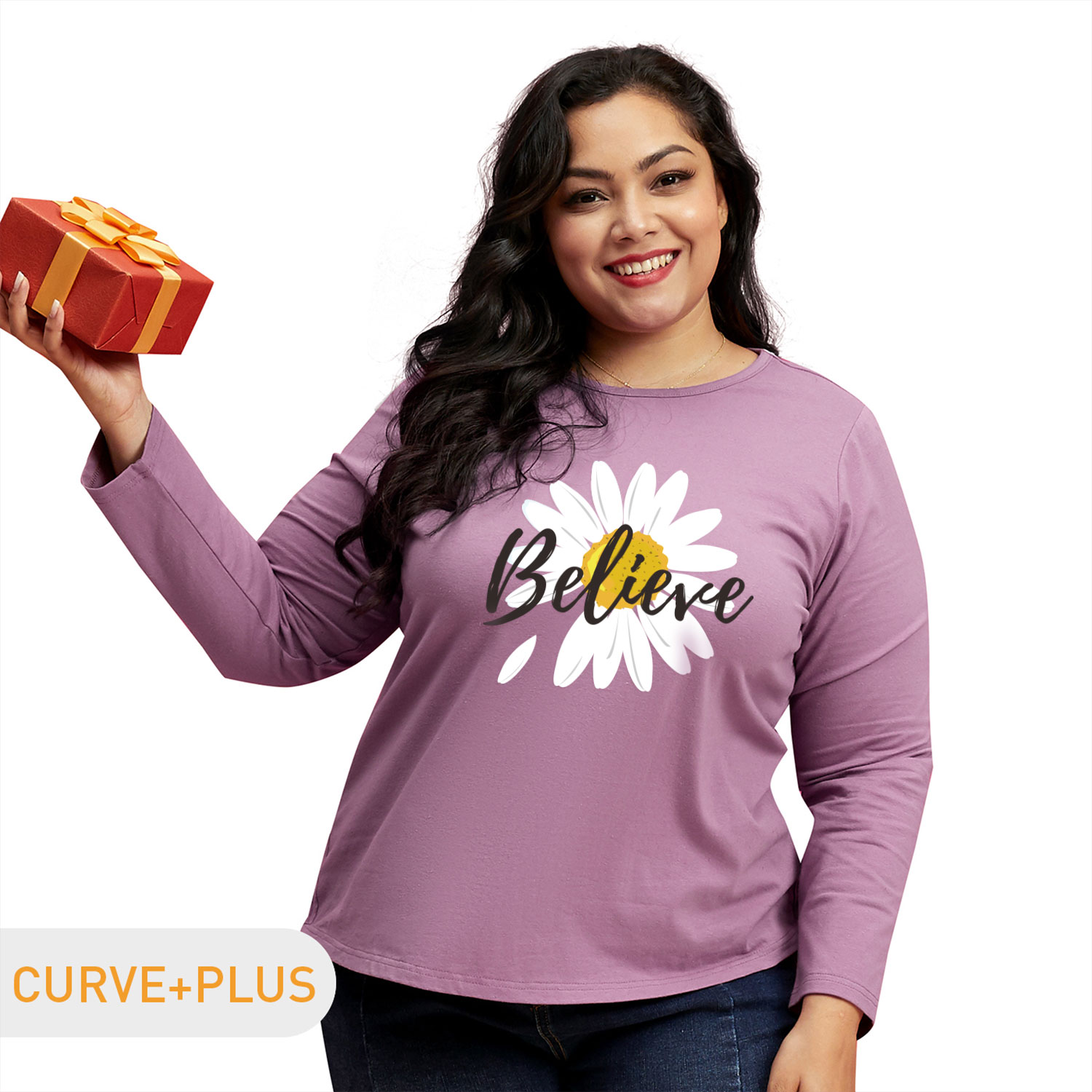 

Women Plus Size Graphic Floral and Letter Print Round Neck Long-sleeve Tee
