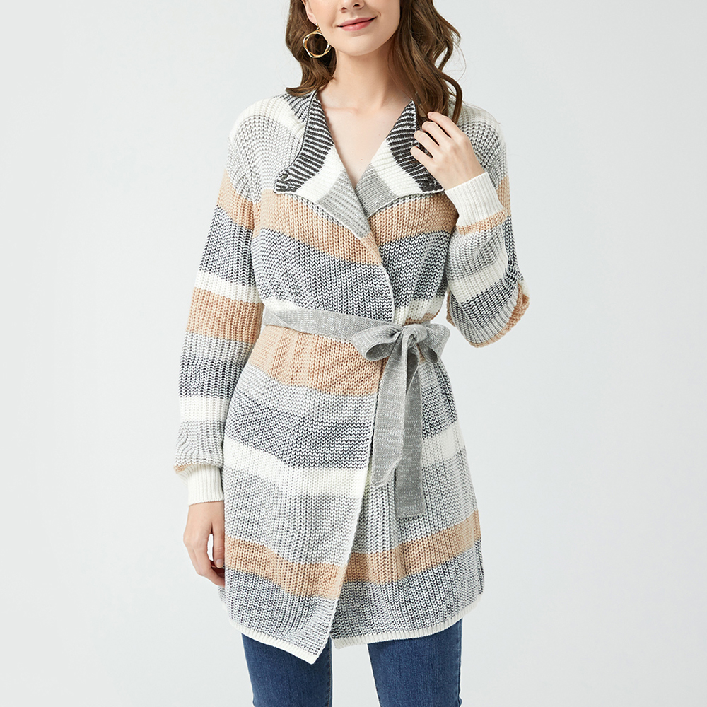 

Colorblock Stripe Long-sleeve Belted Knit Cardigan